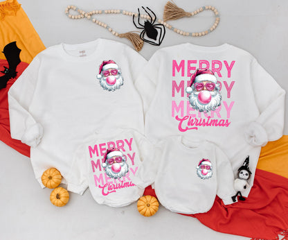Retro Santa Christmas Sweatshirt, Funny Pink Sunglasses Santa Blowing Bubblegum, Vintage Merry Christmas Xmas Two-Sided Festive Top for Women & Newborn