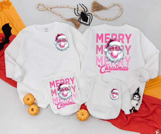 Retro Santa Christmas Sweatshirt, Funny Pink Sunglasses Santa Blowing Bubblegum, Vintage Merry Christmas Xmas Two-Sided Festive Top for Women & Newborn