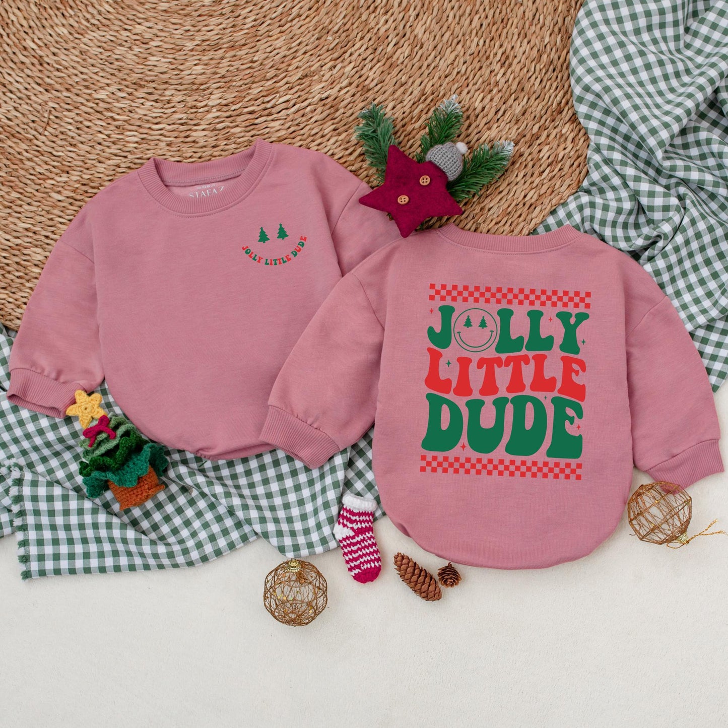 Jolly Little Dude Christmas Romper: Retro Baby Boy Outfit with Checkerboard Fun! Holiday Bodysuit, Winter Clothes, Perfect First Christmas Gift Idea (139)