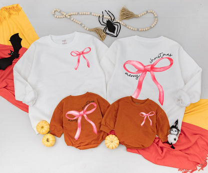 Merry Christmas Bow Sweater Outfit, Mommy and Me Matching Red Bow Sweatshirt, Baby Toddler Holiday Romper, Christmas Coquette Clothes Cute Xmas Gift (139 chars)