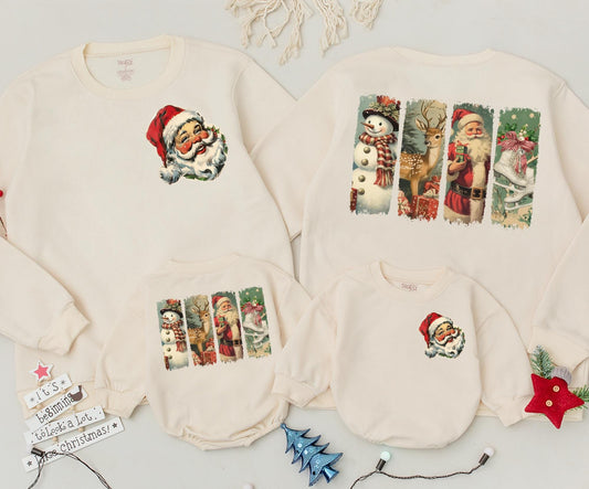 Retro Christmas Family Matching Outfits Vintage Santa Snowman 2-Sided Sweatshirt & Baby Romper Holiday Gifts