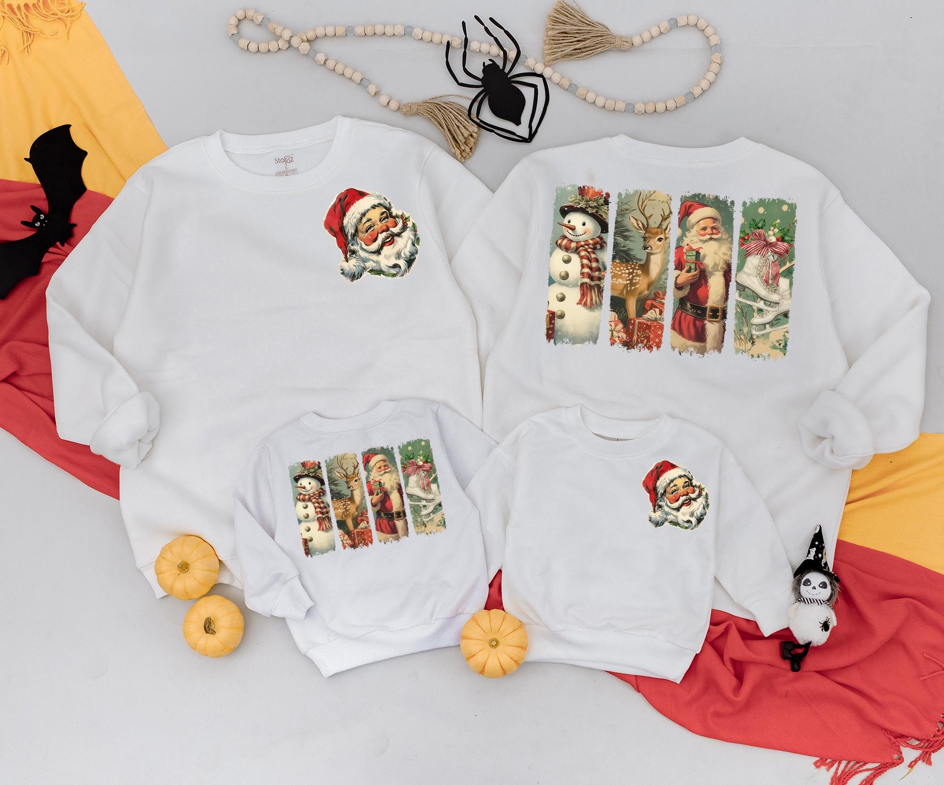 Retro Christmas Family Matching Outfits Vintage Santa Snowman 2-Sided Sweatshirt & Baby Romper Holiday Gifts
