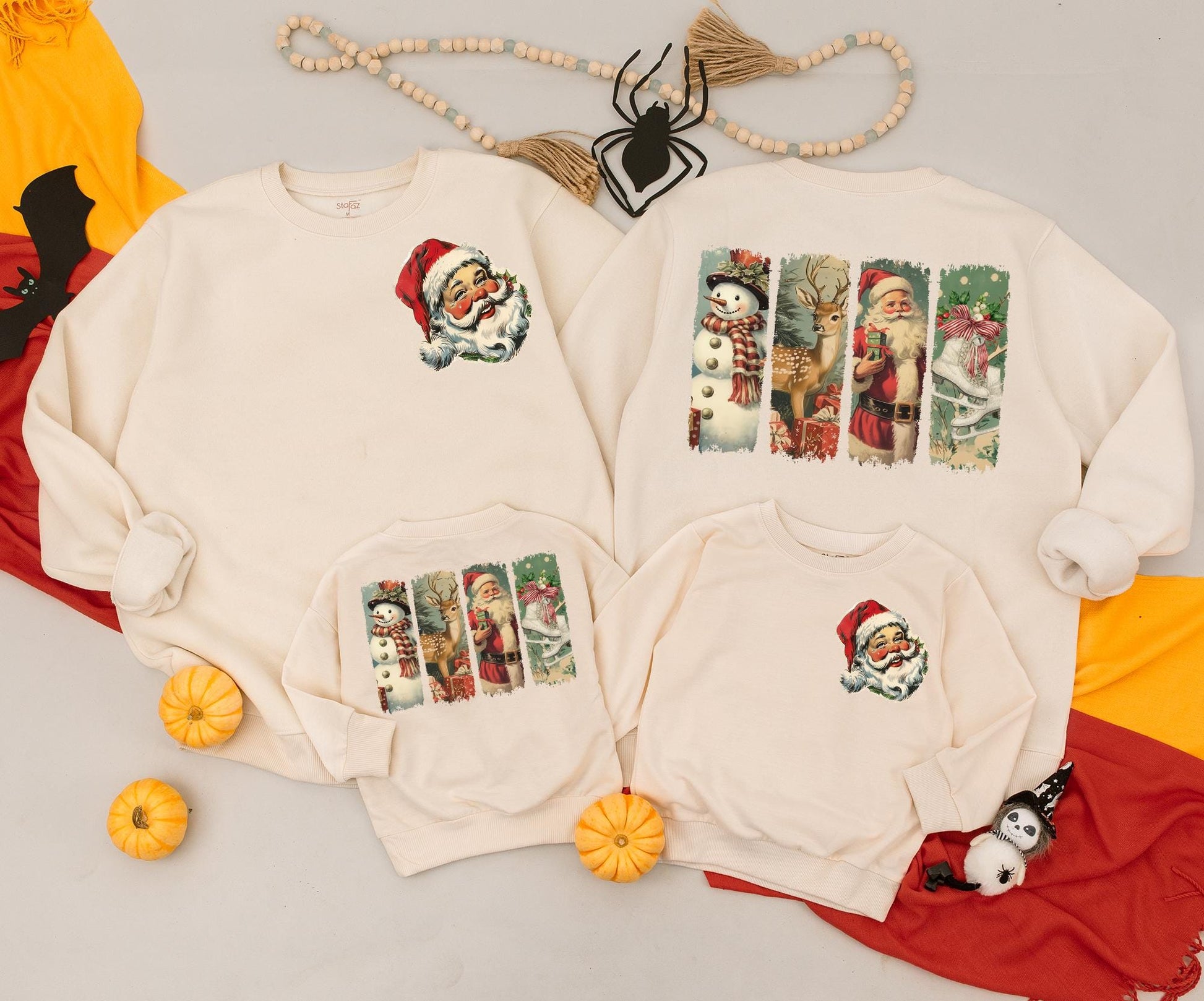 Retro Christmas Family Matching Outfits Vintage Santa Snowman 2-Sided Sweatshirt & Baby Romper Holiday Gifts