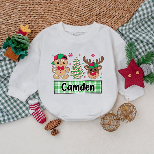 Personalized Christmas Romper for Baby Boy, Festive Reindeer Outfit with Custom Name, Gingerbread Man Winter Bodysuit, Holiday Baby Shower Gift Camden 139