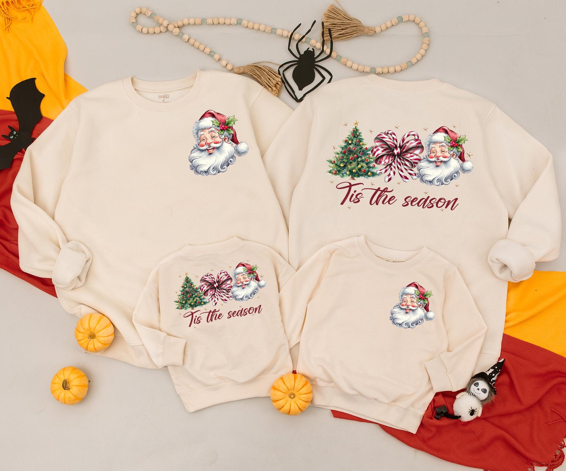 Retro Christmas Family Matching Sweatshirt & Baby Romper Set Classic Santa Claus 'Tis the Season Tree Holiday Outfits