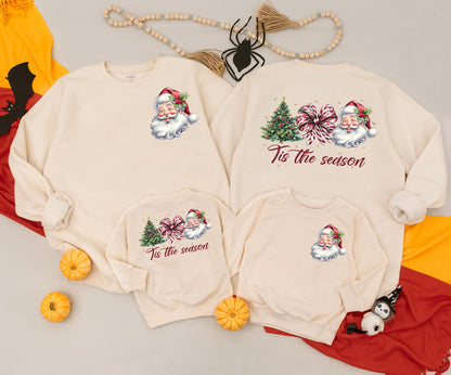 Retro Christmas Family Matching Sweatshirt & Baby Romper Set Classic Santa Claus 'Tis the Season Tree Holiday Outfits