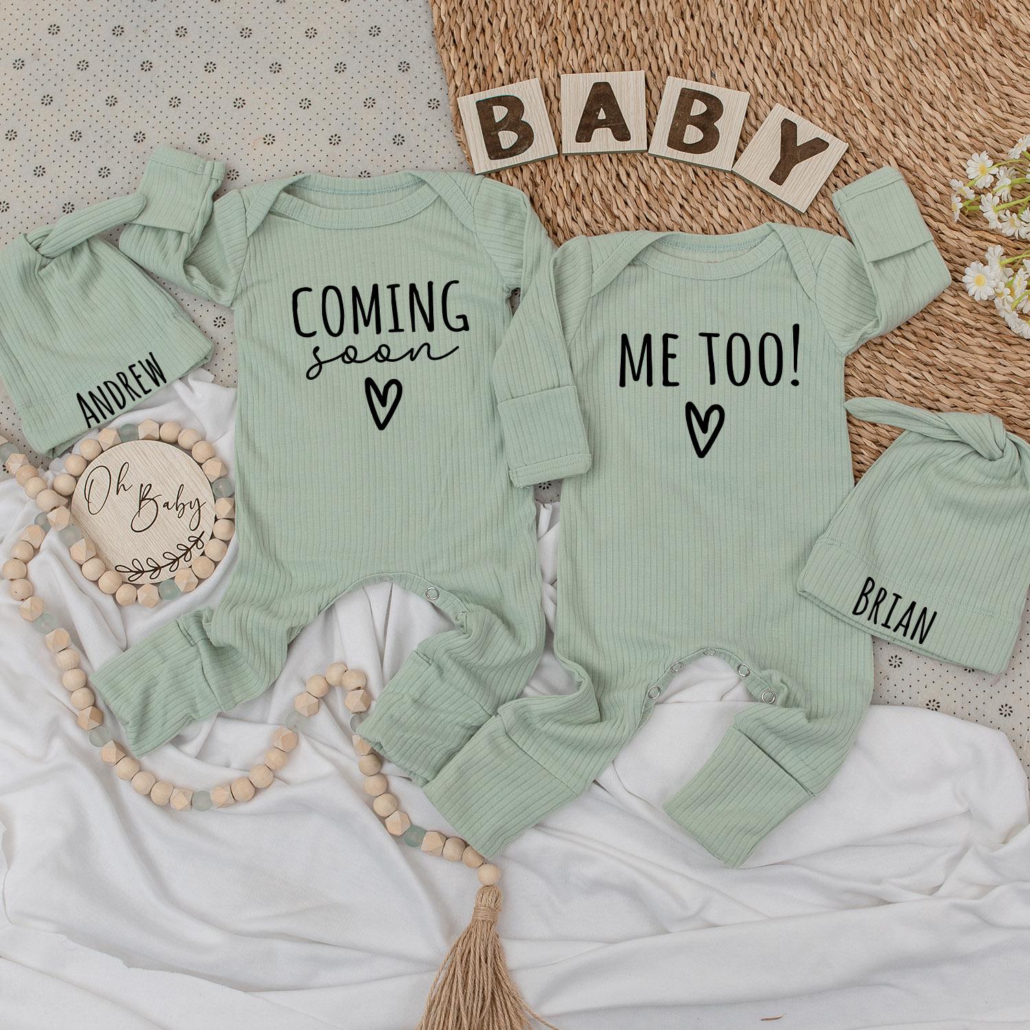 Twins Pregnancy Announcement Coming Soon Me Too Baby Bodysuit Hat Set Newborn Twin Reveal Gift with Andrew Brian Names Simple Black Text Heart Design