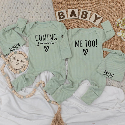 Twins Pregnancy Announcement Coming Soon Me Too Baby Bodysuit Hat Set Newborn Twin Reveal Gift with Andrew Brian Names Simple Black Text Heart Design
