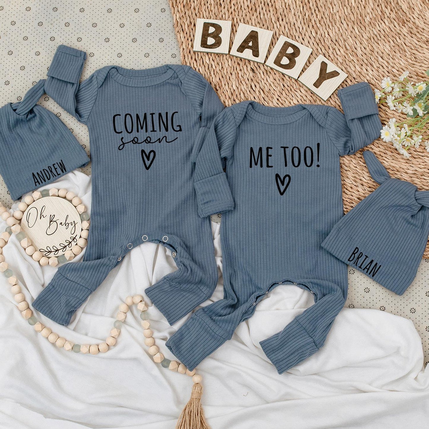 Twins Pregnancy Announcement Coming Soon Me Too Baby Bodysuit Hat Set Newborn Twin Reveal Gift with Andrew Brian Names Simple Black Text Heart Design
