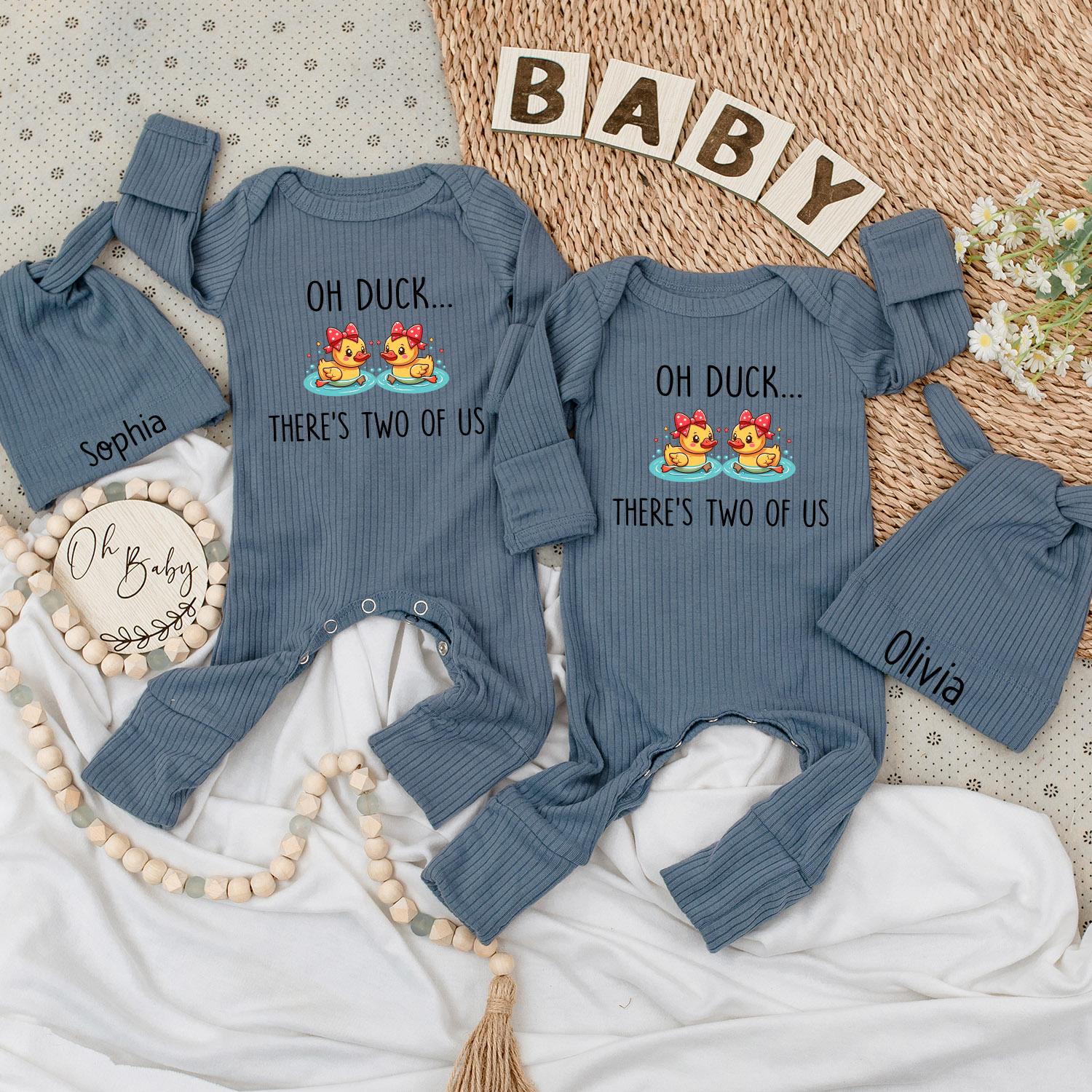 Sweet Twin Duckling Baby Bodysuit & Hat Set with 'Oh Duck... There's Two of Us' Design Newborn Pregnancy Reveal Gift Outfit for Boy or Girl Twins