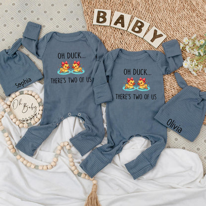 Sweet Twin Duckling Baby Bodysuit & Hat Set with 'Oh Duck... There's Two of Us' Design Newborn Pregnancy Reveal Gift Outfit for Boy or Girl Twins