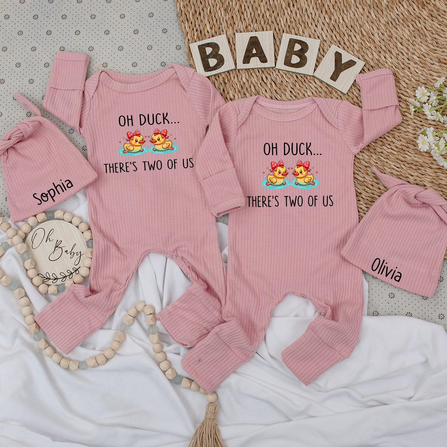 Sweet Twin Duckling Baby Bodysuit & Hat Set with 'Oh Duck... There's Two of Us' Design Newborn Pregnancy Reveal Gift Outfit for Boy or Girl Twins