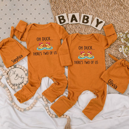 Sweet Twin Duckling Baby Bodysuit & Hat Set with 'Oh Duck... There's Two of Us' Design Newborn Pregnancy Reveal Gift Outfit for Boy or Girl Twins