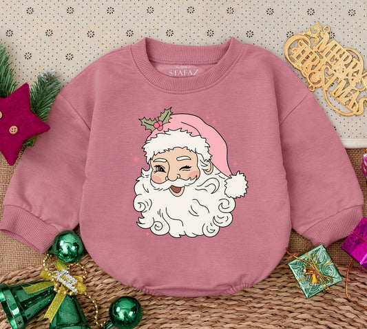 Pink Retro Winking Santa Baby Bodysuit Christmas Holiday Outfit Playful Design with Holly and Pink Stars for Newborn Infants First Christmas
