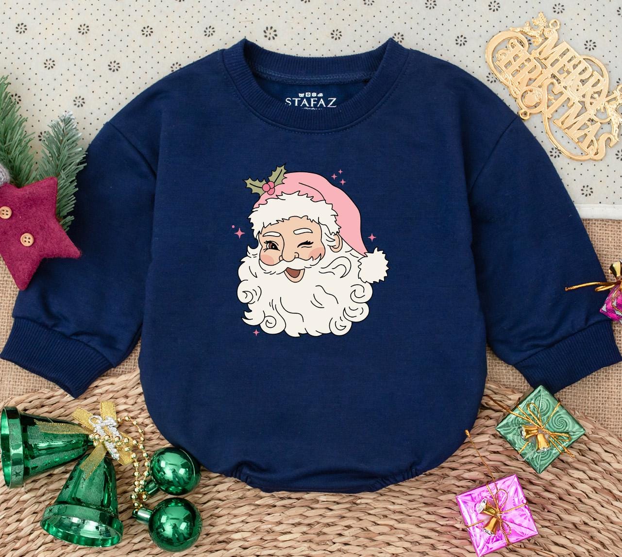 Pink Retro Winking Santa Baby Bodysuit Christmas Holiday Outfit Playful Design with Holly and Pink Stars for Newborn Infants First Christmas