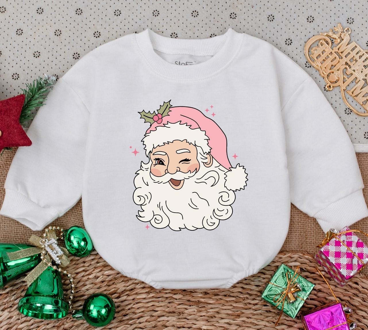 Pink Retro Winking Santa Baby Bodysuit Christmas Holiday Outfit Playful Design with Holly and Pink Stars for Newborn Infants First Christmas