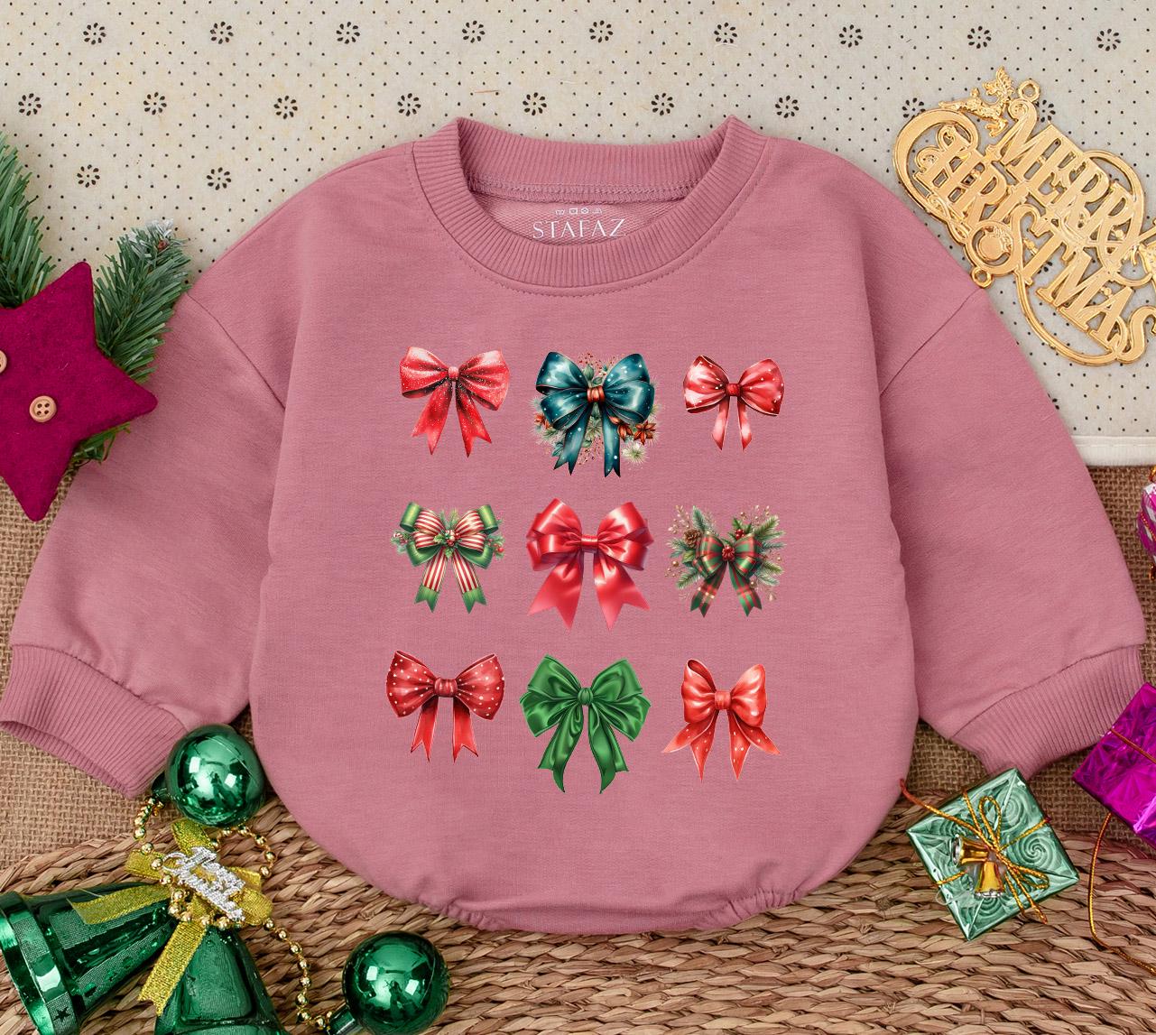 Sweet Baby Girl's First Christmas Bow Romper Festive Holiday Watercolor Outfit Featuring Nine Red Green Teal Bows Adorned with Holly