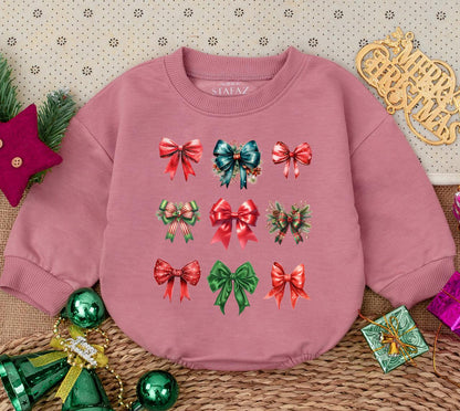 Sweet Baby Girl's First Christmas Bow Romper Festive Holiday Watercolor Outfit Featuring Nine Red Green Teal Bows Adorned with Holly