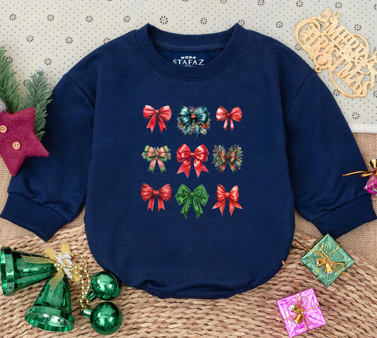 Sweet Baby Girl's First Christmas Bow Romper Festive Holiday Watercolor Outfit Featuring Nine Red Green Teal Bows Adorned with Holly