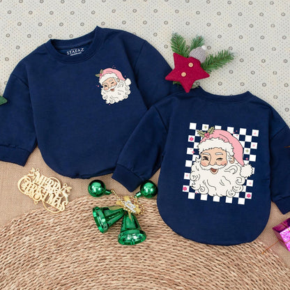 Pink Retro Santa Claus Baby Bodysuit Christmas Holiday Outfit with Holly Pink Hat Stars Flowers & Checkered Pattern Vintage Festive Romper