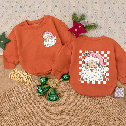 Pink Retro Santa Claus Baby Bodysuit Christmas Holiday Outfit with Holly Pink Hat Stars Flowers & Checkered Pattern Vintage Festive Romper