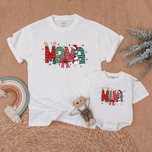 Christmas Mama and Mini Matching Family Outfits Festive Whimsical Holiday Shirt Newborn Bubble Romper Red Green Snowman Design