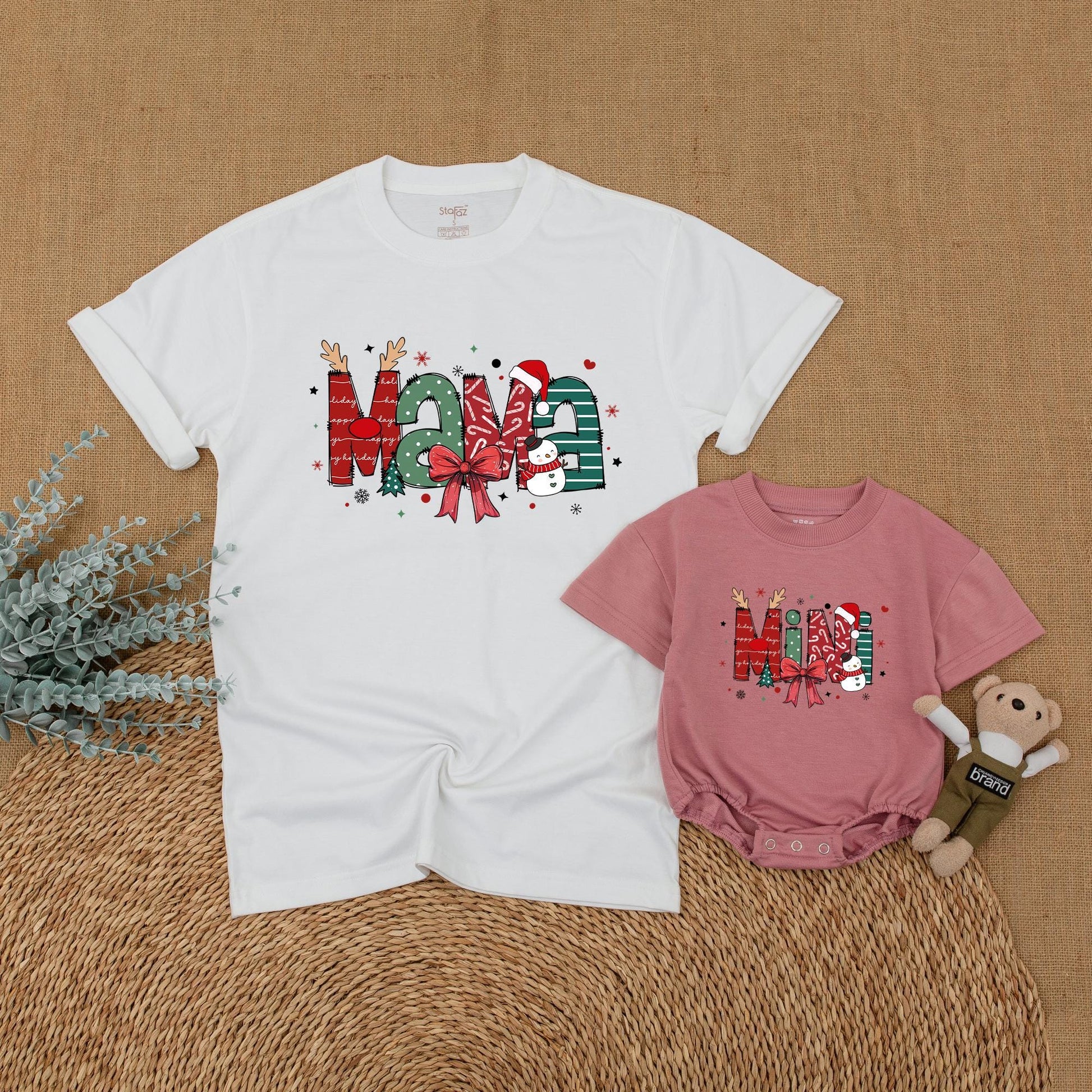 Christmas Mama and Mini Matching Family Outfits Festive Whimsical Holiday Shirt Newborn Bubble Romper Red Green Snowman Design