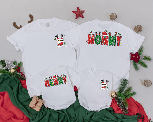 Personalized Family Matching Christmas Shirts Retro Santa Chimney Design Holly Berry Snowflake Name Holiday Crew Outfit
