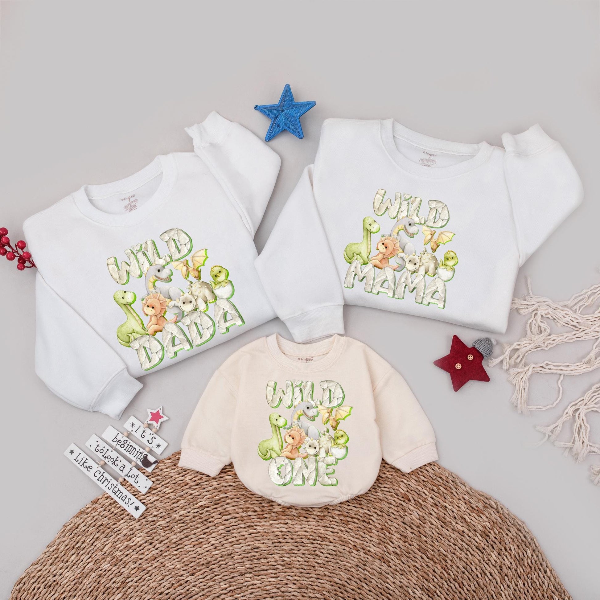 Dinosaur Family Matching Birthday Sweatshirts for 1st Birthday Wild One Mommy Daddy Kids Party Outfits with playful green brown white artwork