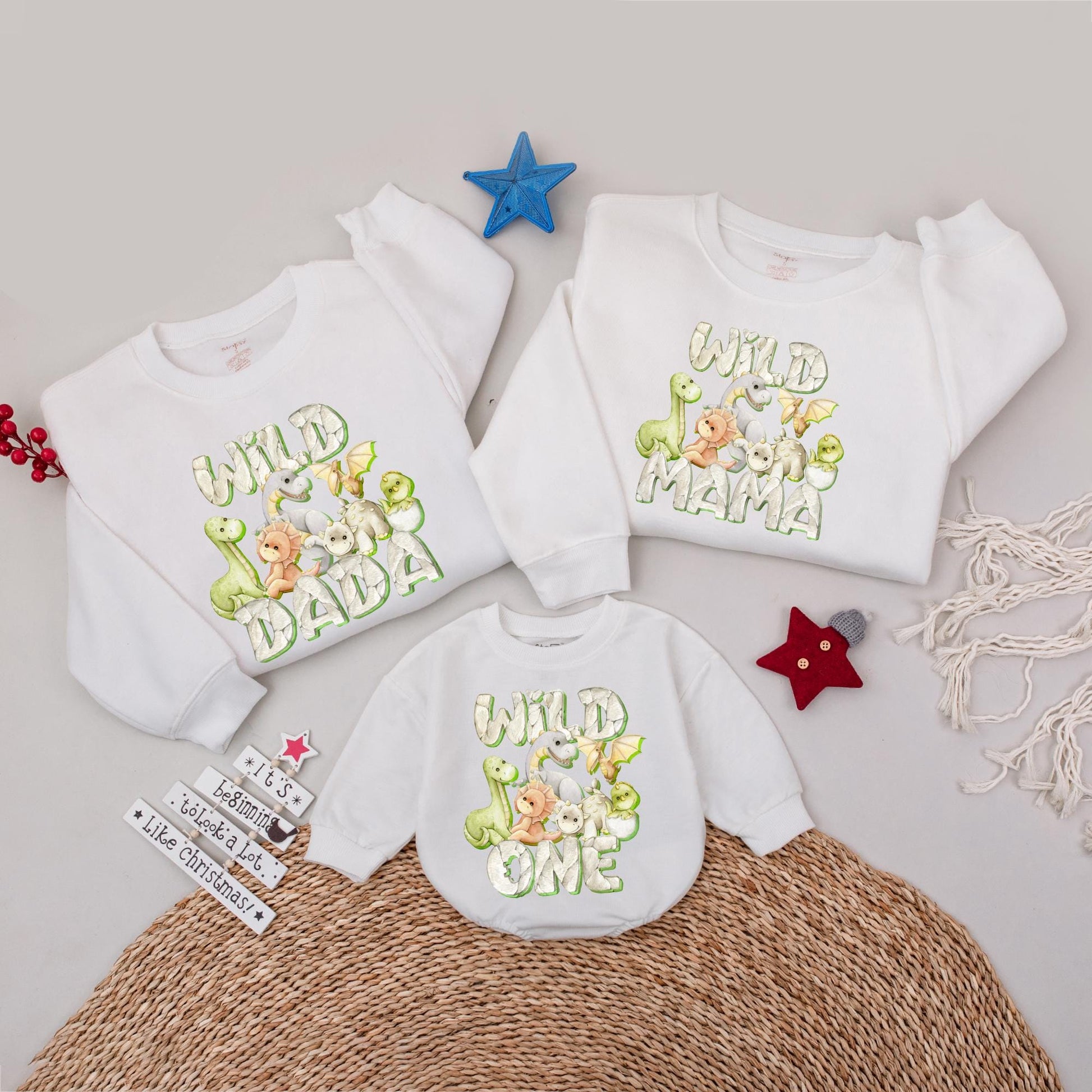 Dinosaur Family Matching Birthday Sweatshirts for 1st Birthday Wild One Mommy Daddy Kids Party Outfits with playful green brown white artwork