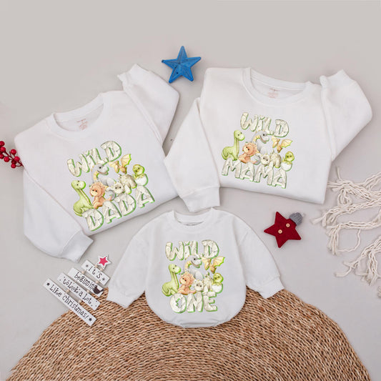 Dinosaur Family Matching Birthday Sweatshirts for 1st Birthday Wild One Mommy Daddy Kids Party Outfits with playful green brown white artwork