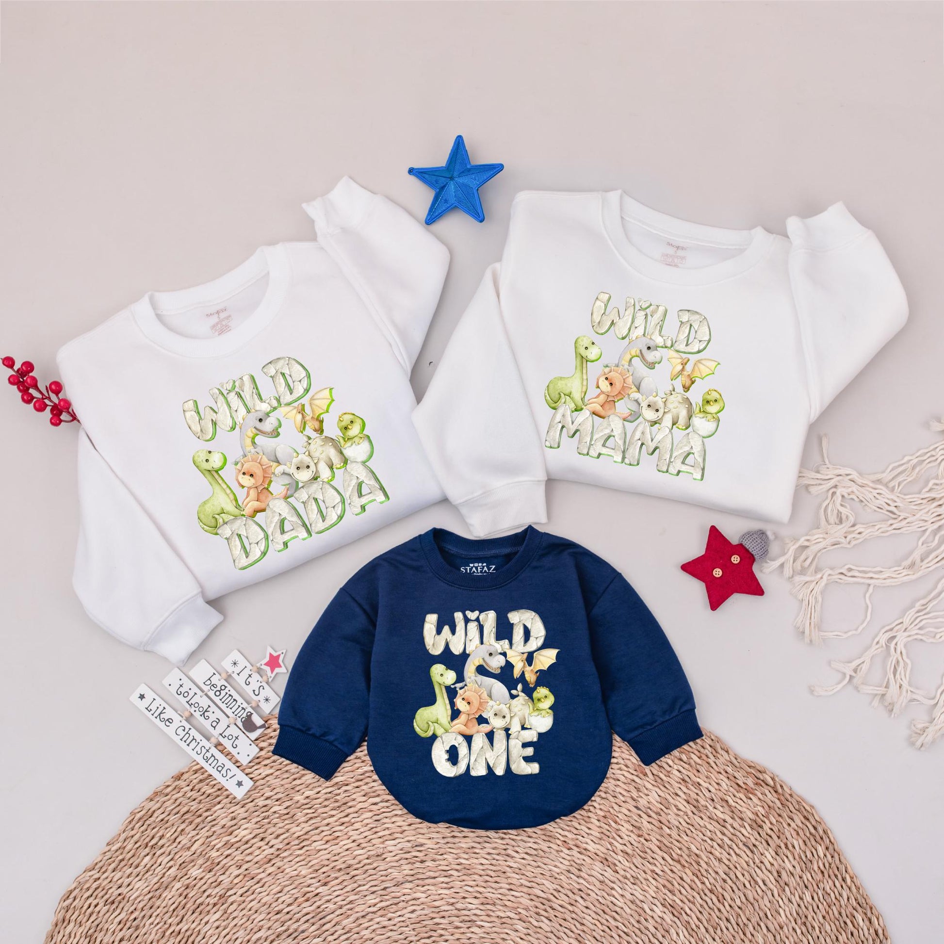 Dinosaur Family Matching Birthday Sweatshirts for 1st Birthday Wild One Mommy Daddy Kids Party Outfits with playful green brown white artwork