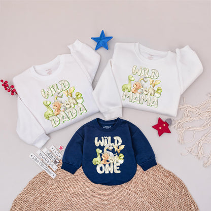Dinosaur Family Matching Birthday Sweatshirts for 1st Birthday Wild One Mommy Daddy Kids Party Outfits with playful green brown white artwork