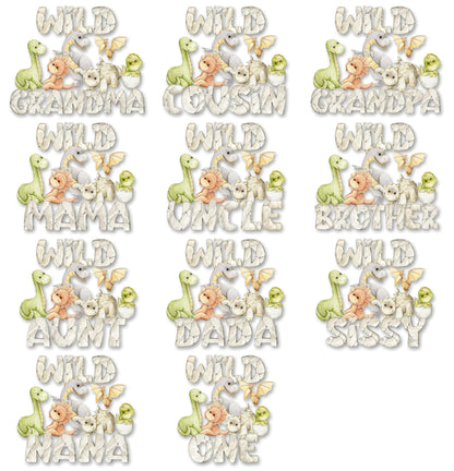 Dinosaur Family Matching Birthday Sweatshirts for 1st Birthday Wild One Mommy Daddy Kids Party Outfits with playful green brown white artwork