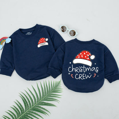Personalized Christmas Crew Baby Romper with Red Santa Hat & Polka Dot Design First Xmas Infant Boy Girl Cute Outfit Shower Gift