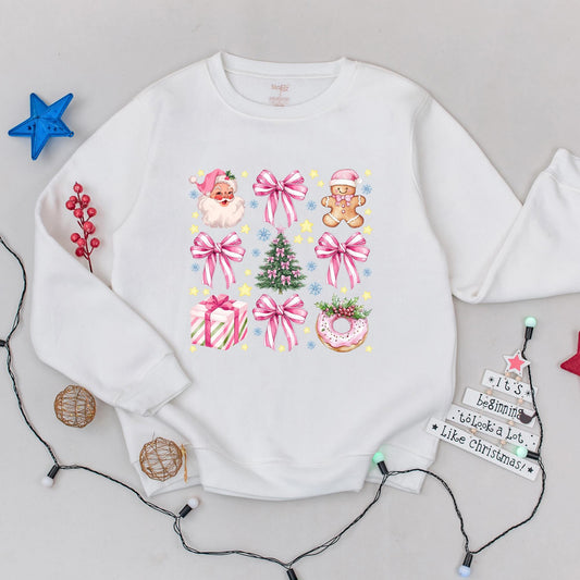 Soft Girl Christmas Sweatshirt with Pink Bows Santa Gingerbread Watercolor Grid Design Festive Holiday Crewneck Cozy Stars and Snowflakes