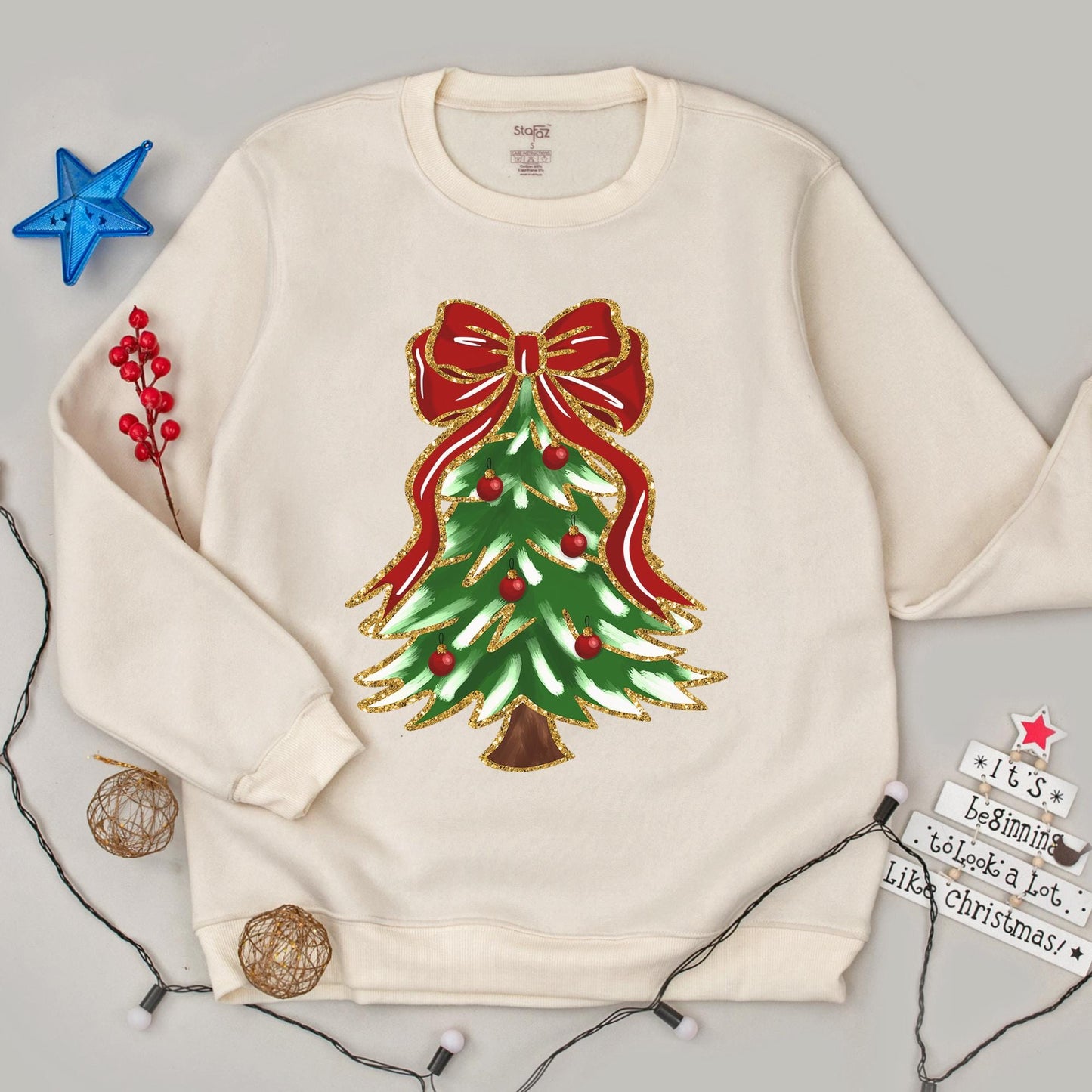 Christmas Tree Bow Sweatshirt for Women, Cute Festive Holiday Outfit with Green Tree Gold Glitter Red Ornaments Cozy Long Sleeve Top