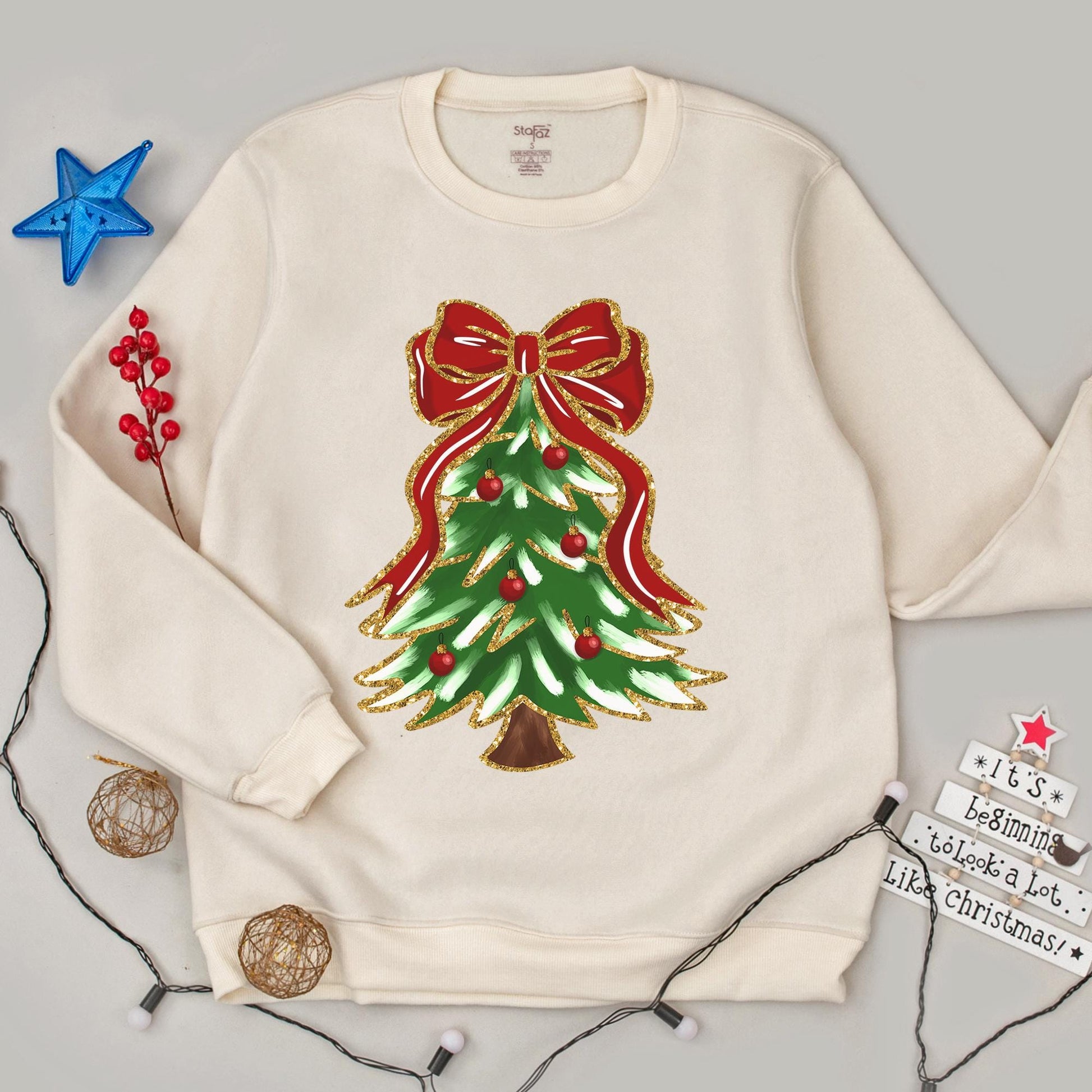 Christmas Tree Bow Sweatshirt for Women, Cute Festive Holiday Outfit with Green Tree Gold Glitter Red Ornaments Cozy Long Sleeve Top