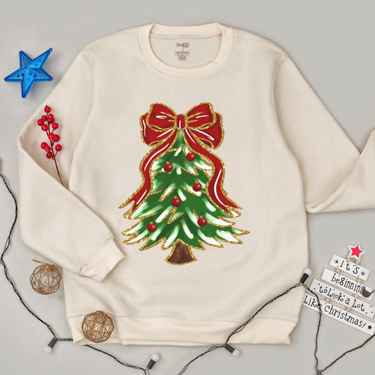 Christmas Tree Bow Sweatshirt for Women, Cute Festive Holiday Outfit with Green Tree Gold Glitter Red Ornaments Cozy Long Sleeve Top