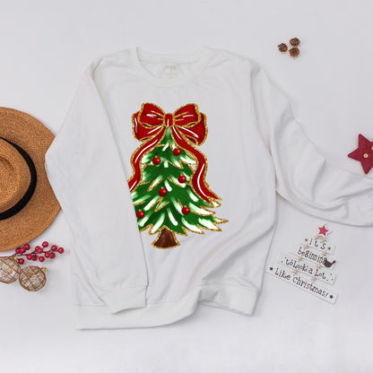 Christmas Tree Bow Sweatshirt for Women, Cute Festive Holiday Outfit with Green Tree Gold Glitter Red Ornaments Cozy Long Sleeve Top