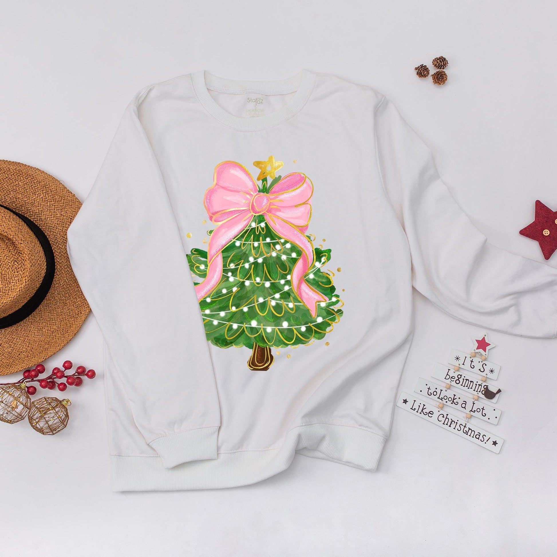 Christmas Tree Bow Sweatshirt for Women, Whimsical Festive Holiday Outfit with Pink Bow Golden Star Lights and Cute Xmas Gift