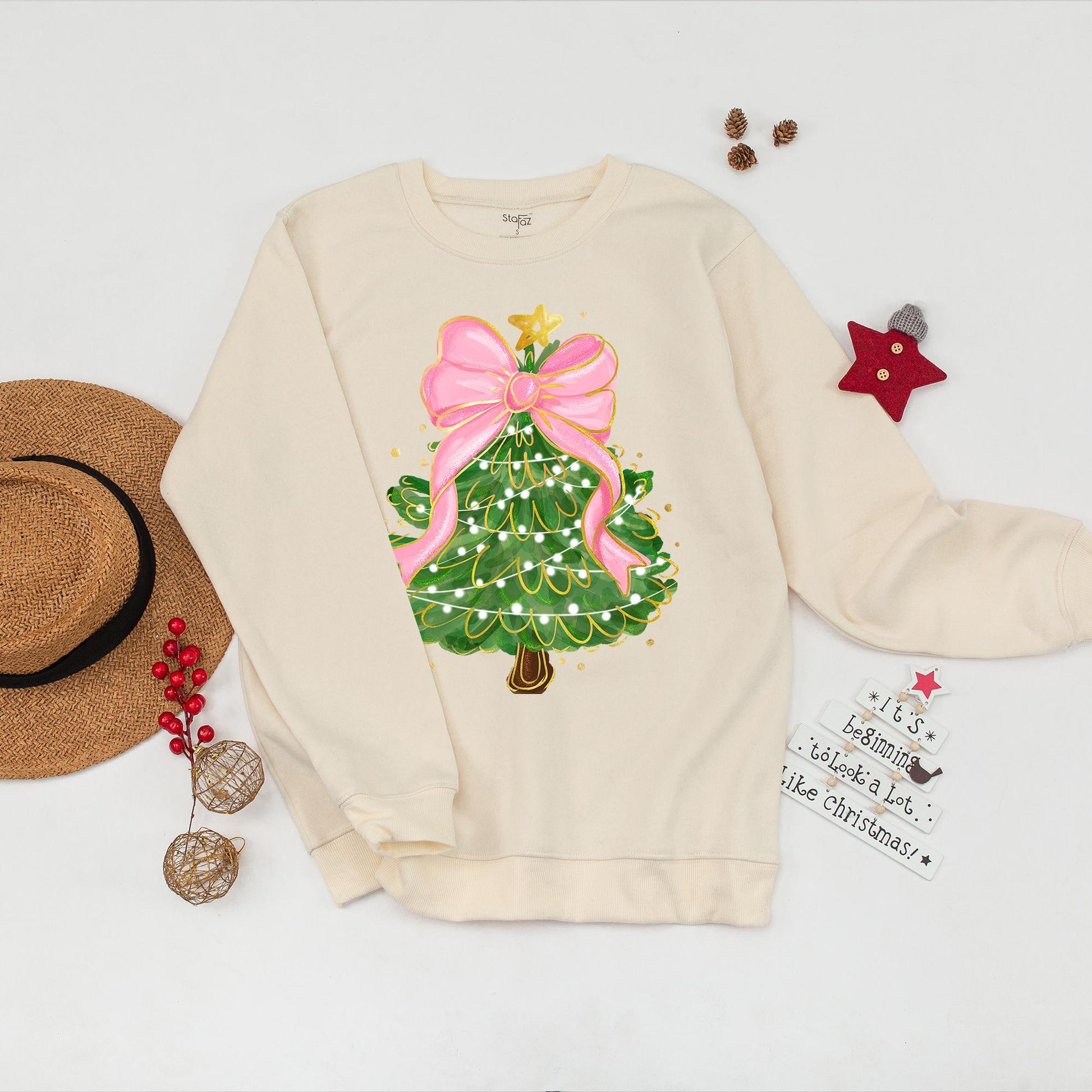 Christmas Tree Bow Sweatshirt for Women, Whimsical Festive Holiday Outfit with Pink Bow Golden Star Lights and Cute Xmas Gift