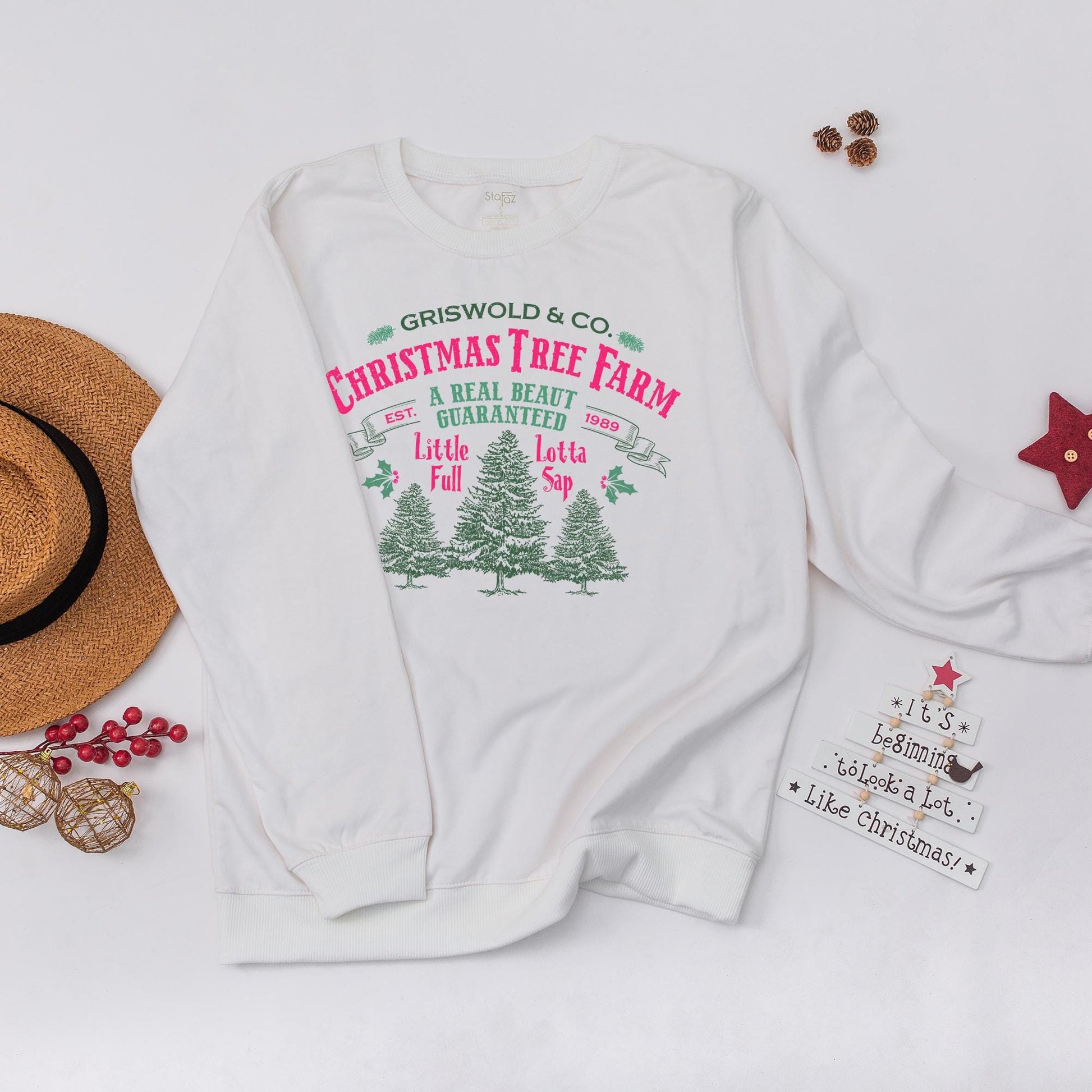 Griswold & Co. Christmas Tree Farm Sweatshirt Vintage Rustic Crewneck A Real Beaut Guaranteed Holly Accents Funny Family Holiday Gift