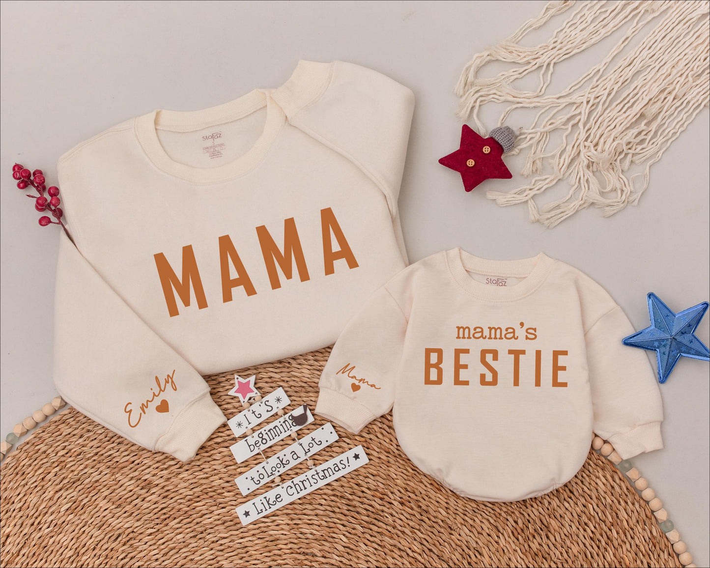 Personalized Mama and Mama's Bestie Matching Sweatshirts with muted pink Mama & cursive name, cozy cotton blend Mother Daughter gift