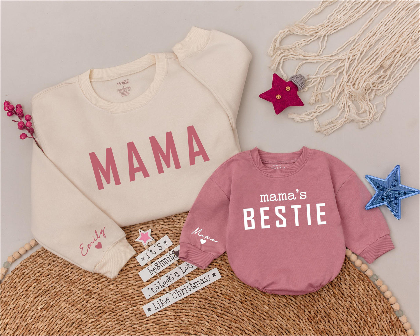 Personalized Mama and Mama's Bestie Matching Sweatshirts with muted pink Mama & cursive name, cozy cotton blend Mother Daughter gift