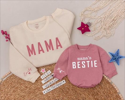 Personalized Mama and Mama's Bestie Matching Sweatshirts with muted pink Mama & cursive name, cozy cotton blend Mother Daughter gift