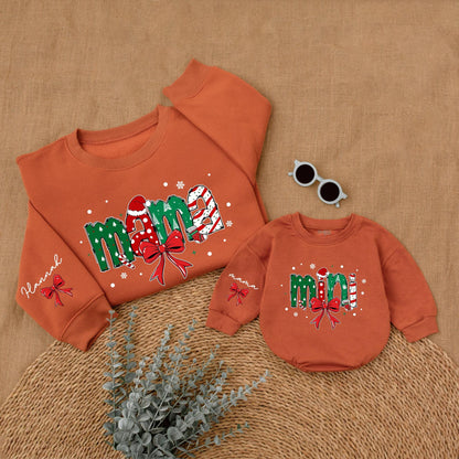 Personalized Christmas Mama Mini Matching Sweatshirt and Baby Romper featuring festive joyful candy cane Santa hat Christmas tree designs and red bows