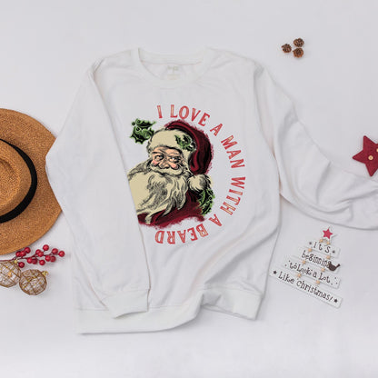 I Love A Man With A Beard Christmas Sweatshirt with Retro Santa Graphic Holiday Family Matching Cozy Outfit Vintage Red Green Cream Gift
