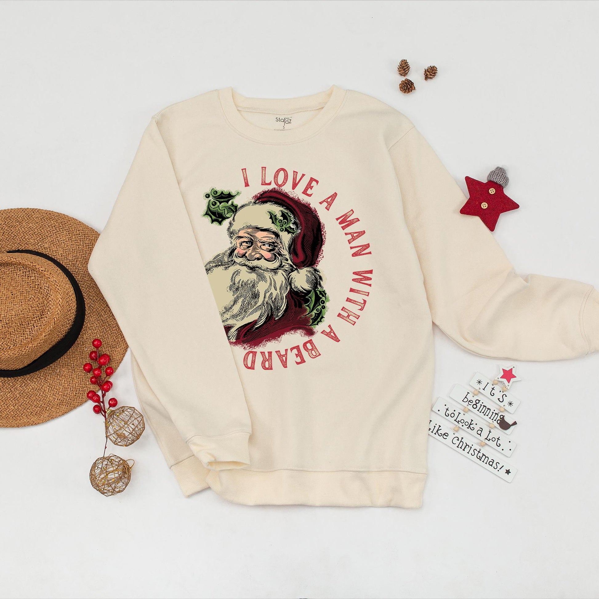 I Love A Man With A Beard Christmas Sweatshirt with Retro Santa Graphic Holiday Family Matching Cozy Outfit Vintage Red Green Cream Gift