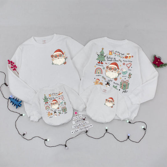 Retro Santa Claus Sweatshirt Vintage Christmas Family Matching Outfit with Funny Sunglasses Floral Rainbow Design Believe in Santa Claus Holiday Gift